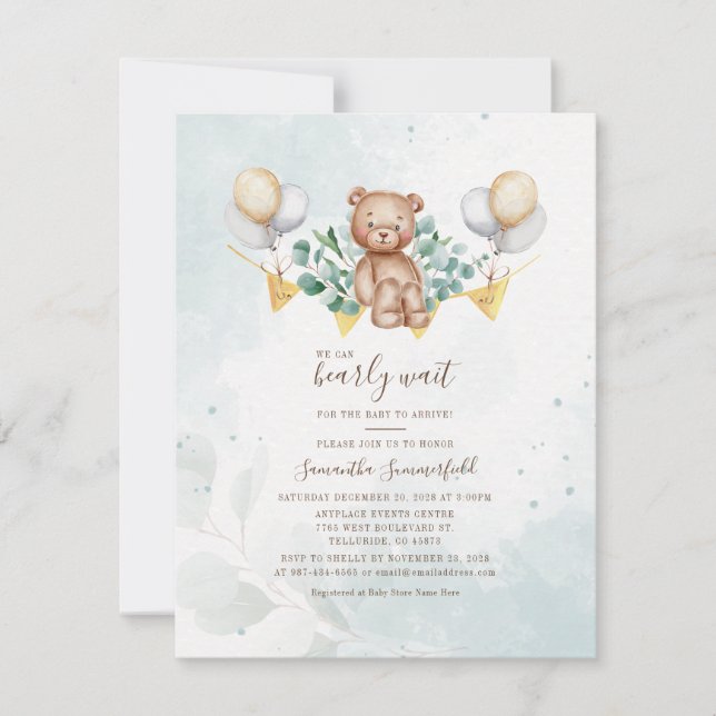 Convites Chuva de Bebê em Aquarela Urso com Folhas de Eucal (Frente)
