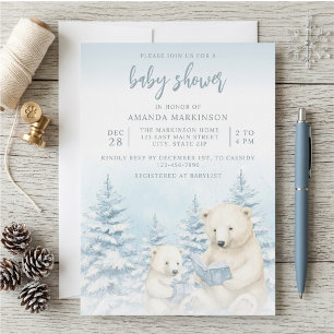 Convites Chuva de Bebê em Aquarela Urso Polar Azul de Inver