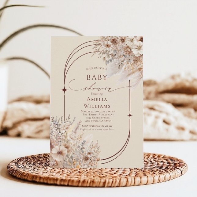 Convites Chuva de Bebê em Arco Floral Boho Elegante Bege Su (Criador carregado)