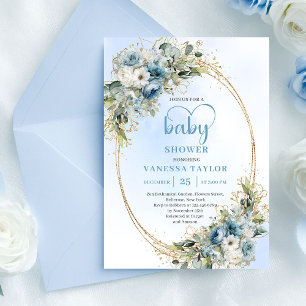 Convites Chuva de Bebê em Azul Desbotado Floral Dourado