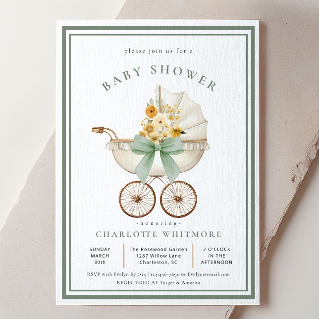 Convites Chuva de Bebê em Carrinho de Bebê Antigo Verde Sag (Baby Shower invite - Sage Green)