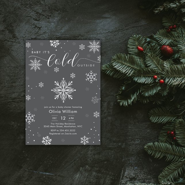 Convites Chuva de Bebê em Cinza Escuro Prateado de Inverno  (Silver Dark Grey Winter Snowflake Baby Shower Invitation)