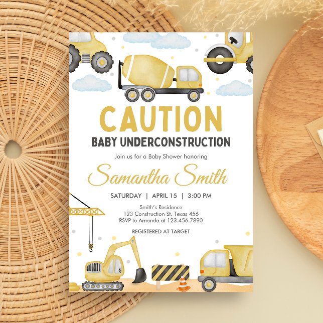 Convites Chuva de Bebê em Construção (Caution Baby Under Construction Baby Shower Invitation)