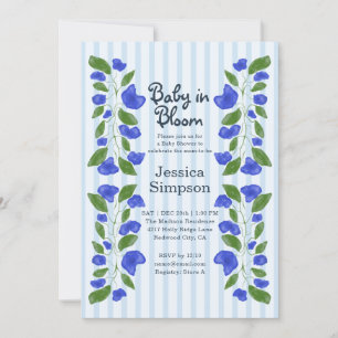 Convites Chuva de Bebê em Flor Cute Arte Nova Floral Azul