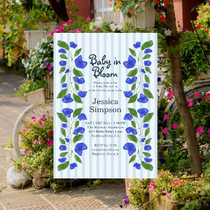 Convites Chuva de Bebê em Flor Cute Arte Nova Floral Azul