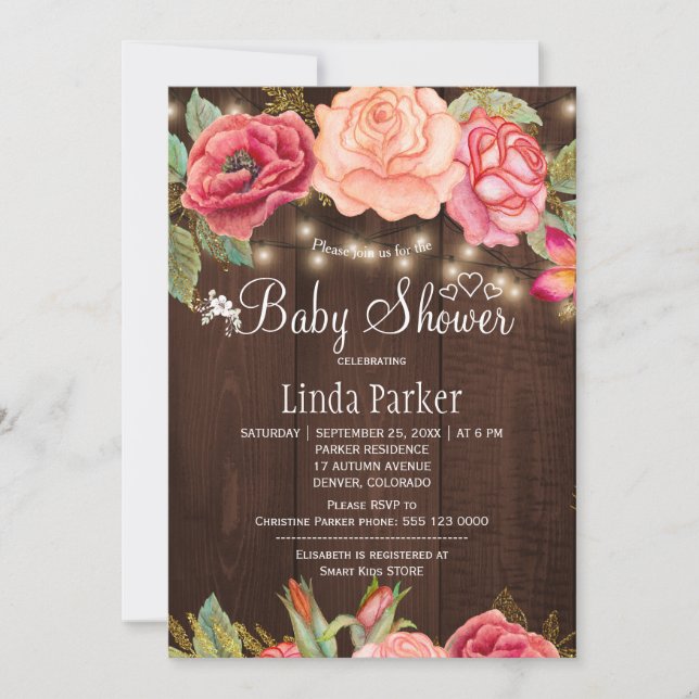 Convites Chuva de bebê em madeira de celeiro floral rosa bl (Frente)