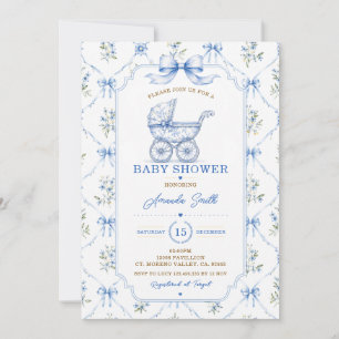 Convites Chuva de Bebê em Toile Azul Chinoiserie com Carrua
