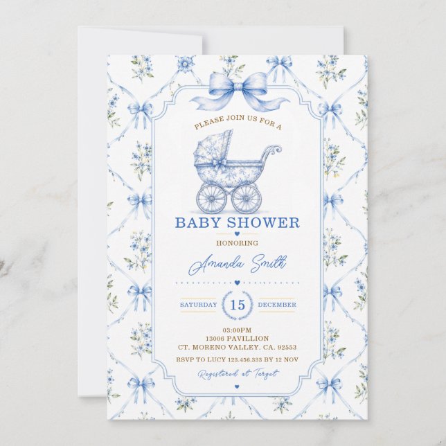 Convites Chuva de Bebê em Toile Azul Chinoiserie com Carrua (Frente)