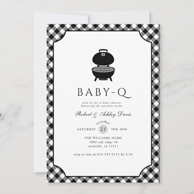 Convites Chuva de Bebê em Xadrez Preto e Branco Baby Q (Frente)