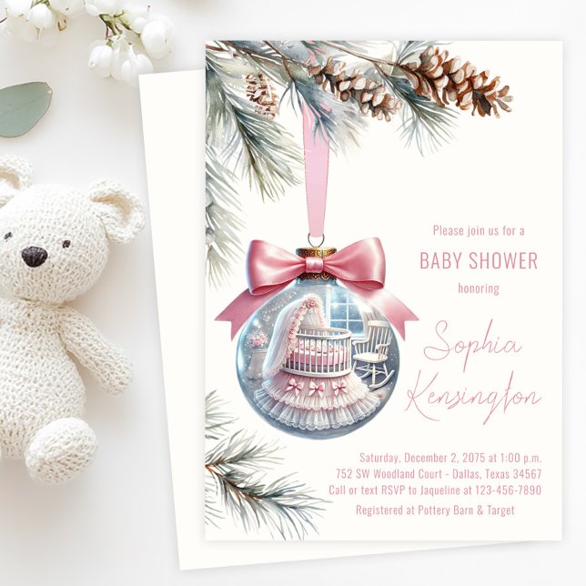 Convites Chuva de Bebê Enfeite Rosa (Tree ornament baby shower invitation with glass ornament with baby girl pink nursery scene inside.)