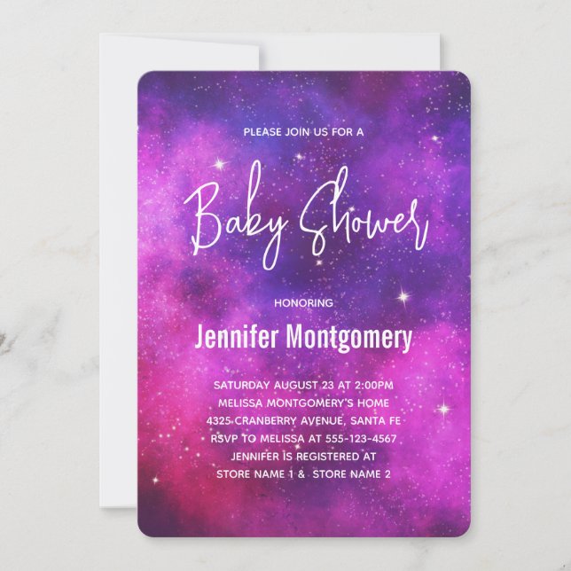 Convites Chuva de Bebê Espaço Rosa e Roxo e Estrelas da Gal (Frente)