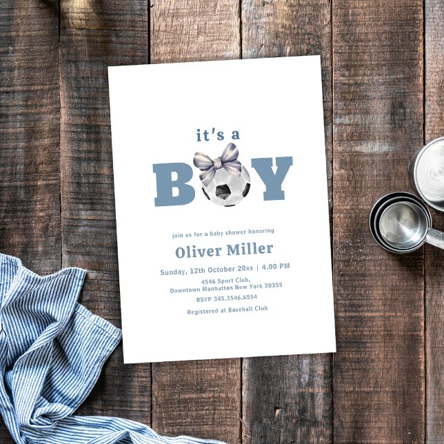 Convites Chuva de Bebê Esporte Futebol Arco Azul Marinho (Navy Blue Bow Soccer Sport Baby Shower Invitation)