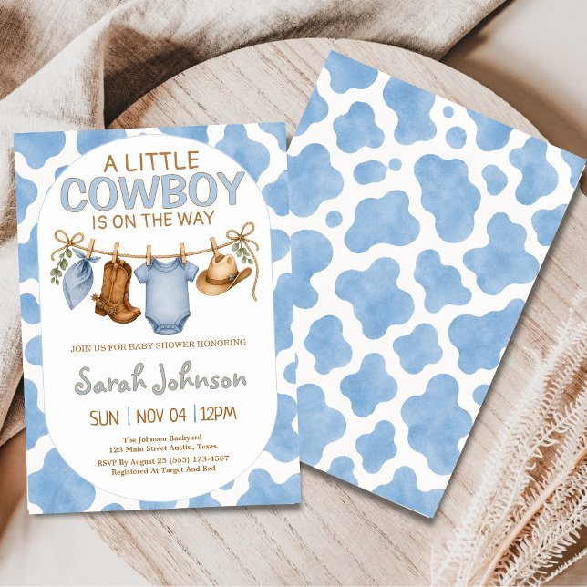 Convites Chuva de Bebê Estampa de Vaca Azul Menino Caubói (Criador carregado)