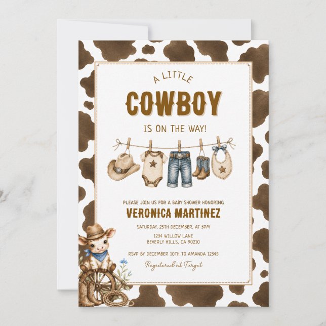 Convites Chuva de Bebê Estampa de Vaca Marrom Rústica (Frente)