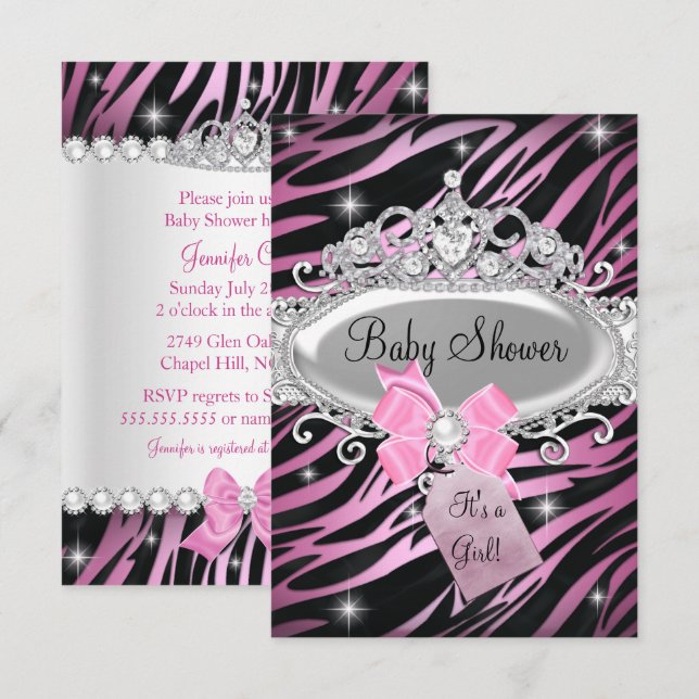 Convites Chuva de Bebê Estampa de Zebra Rosa e Tiara de Pri (Frente/Verso)