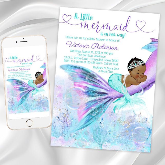 Convites Chuva de Bebê Etíope Americana Sereia (African American Mermaid Baby Shower Invitation. Instant download and printed invitations available.)
