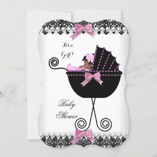 Convites Chuva de Bebê Étnica Bebê Menina Rosa Preto Branco