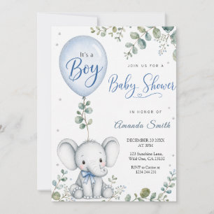 Convites Chuva de Bebê Eucalipto Aquarela Elefante Azul