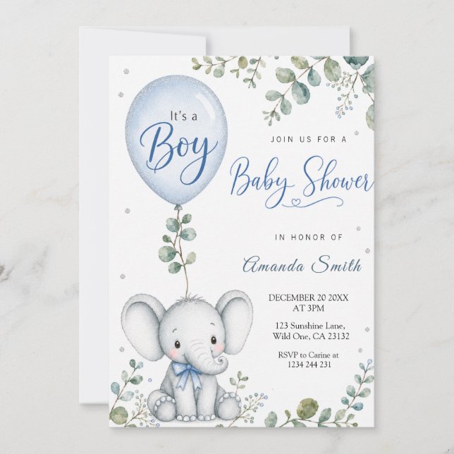 Convites Chuva de Bebê Eucalipto Aquarela Elefante Azul (Frente)