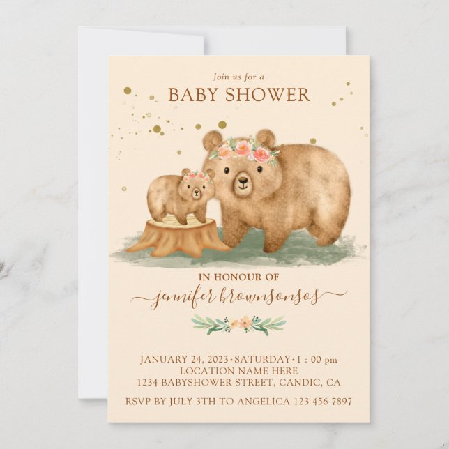 Convites Chuva de Bebê Família Urso Creme Rosa (Frente)