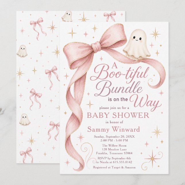 Convites Chuva de Bebê Fantasma com Laço Rosa (Frente/Verso)