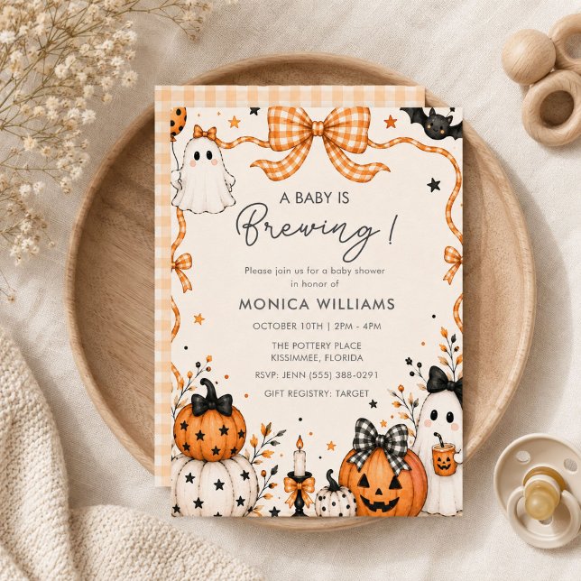 Convites Chuva de Bebê Fantasminha e Abóbora para o Hallowe (Cute Ghost and Pumpkin Halloween Baby Shower Invitation)