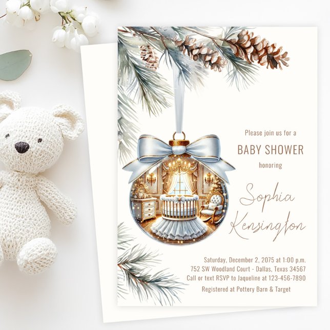 Convites Chuva de Bebê Festa de Natal Enfeite Branco Dourad (Tree ornament baby shower invitation with glass ornament with beautiful white and gold nursery scene)