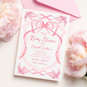 Convites Chuva de Bebê Fita Rosa em Aquarela Delicada