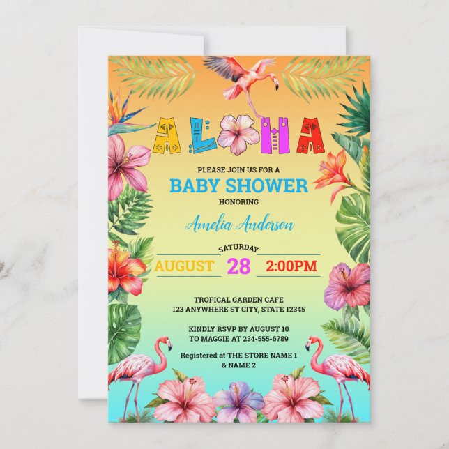 Convites Chuva de Bebê Flamingo Floral Tropical Havaí Aloha (Frente)