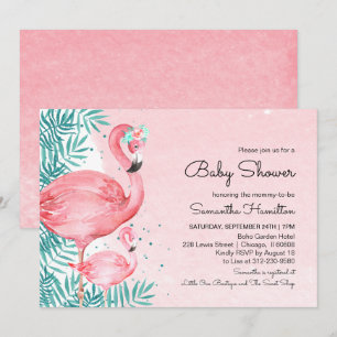 Convites Chuva de Bebê Flamingo & Folhas Tropicais em Aquar