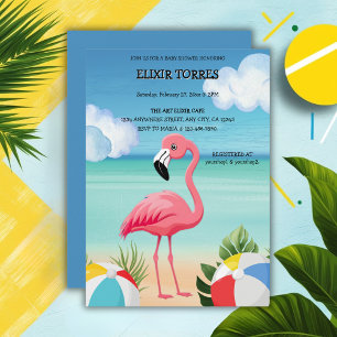 Convites Chuva de Bebê Flamingo Rosa de Praia de Verão