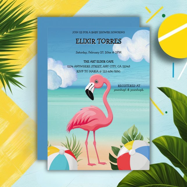 Convites Chuva de Bebê Flamingo Rosa de Praia de Verão (Criador carregado)