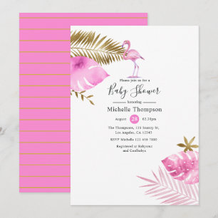 Convites Chuva de Bebê Flamingo Rosa e Dourado
