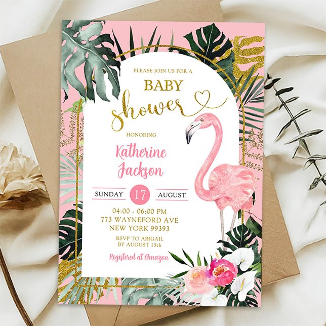 Convites Chuva de Bebê Flamingo Tropical Monstera Rosa (Criador carregado)