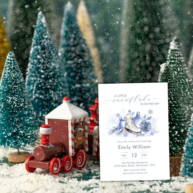 Convites Chuva de Bebê Floco de Neve de Inverno Patinação n (Winter Little Snowflake Ice Skate Baby Shower Invitation)