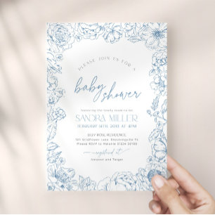 Convites Chuva de Bebê Flor Azul Toile de Jouy