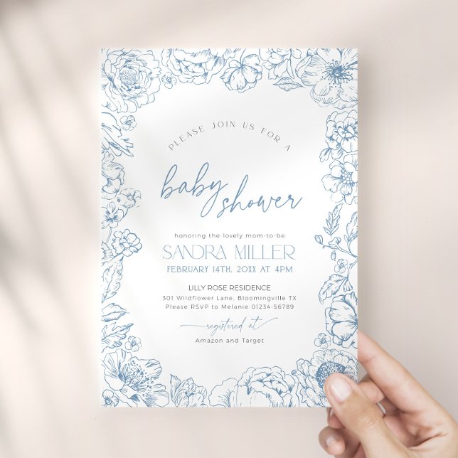 Convites Chuva de Bebê Flor Azul Toile de Jouy (Criador carregado)