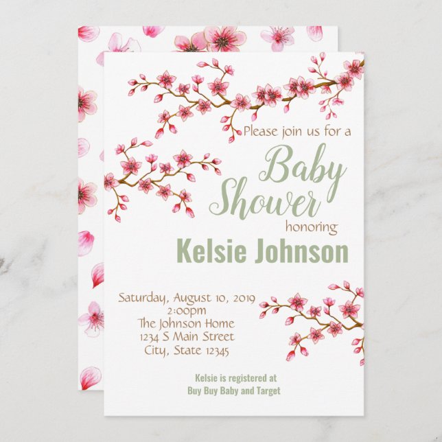 Convites Chuva de Bebê Flor de Cerejeira (Frente/Verso)