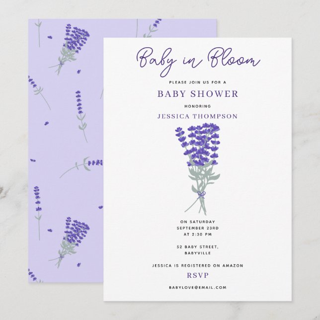 Convites Chuva de Bebê Flor de Lavanda Roxa em Flor (Frente/Verso)