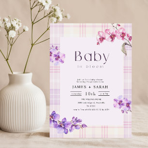 Convites Chuva de Bebê Flor de Orquídea Roxa Xadrez Vintage