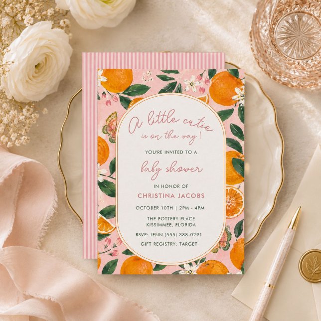 Convites Chuva de Bebê Flor de Tangerina Little Cutie  (Little Cutie Tangerine Floral Baby Shower Invitation)