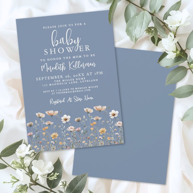 Convites Chuva de Bebê Flor Silvestre Azul Empoeirada (Dusty Blue Wildflower Baby Shower Invitation)