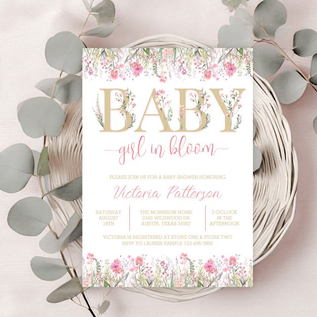 Convites Chuva de Bebê Flor Silvestre Rosa Bege Dourado Aqu (Wildflower baby shower invitation with pink watercolor wildflowers and pretty floral text.)