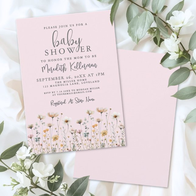 Convites Chuva de Bebê Flor Silvestre Rosa Claro (Blush Pink Wildflower Baby Shower Invitation)