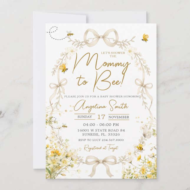 Convites Chuva de Bebê Floral Abelha Amarela Mãe para Abelh (Frente)