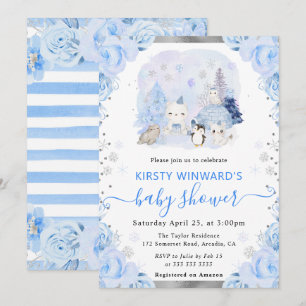 Convites Chuva de Bebê Floral Animais Árticos em Aquarela