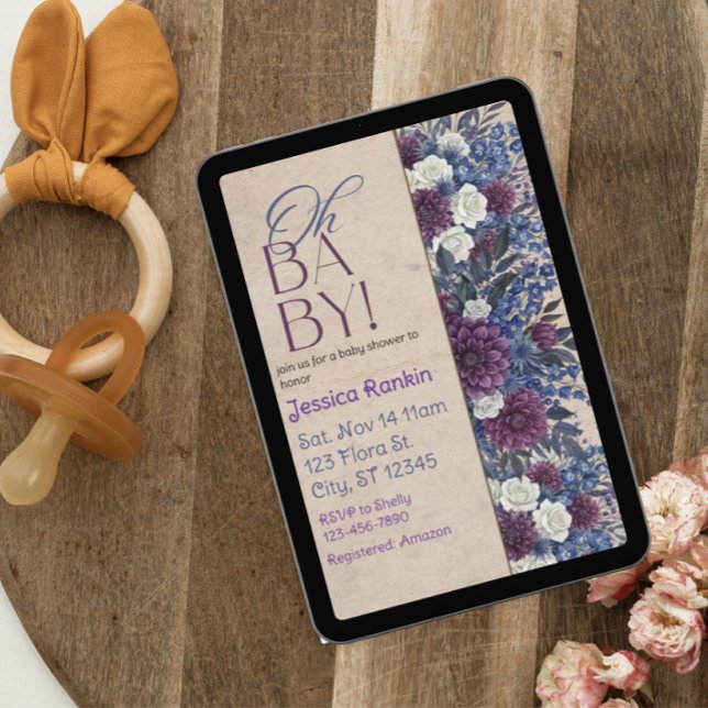 Convites Chuva de Bebê Floral Azul Escuro e Roxo (Criador carregado)