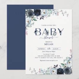 Convites Chuva de Bebê Floral Azul Marinho Boho