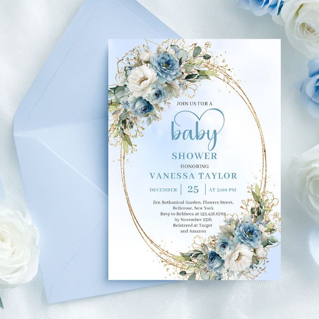 Convites Chuva de Bebê Floral Azul Pastel Aquarela Dourado  (Watercolor Pastel Blue Floral Gold Baby Shower Card

)