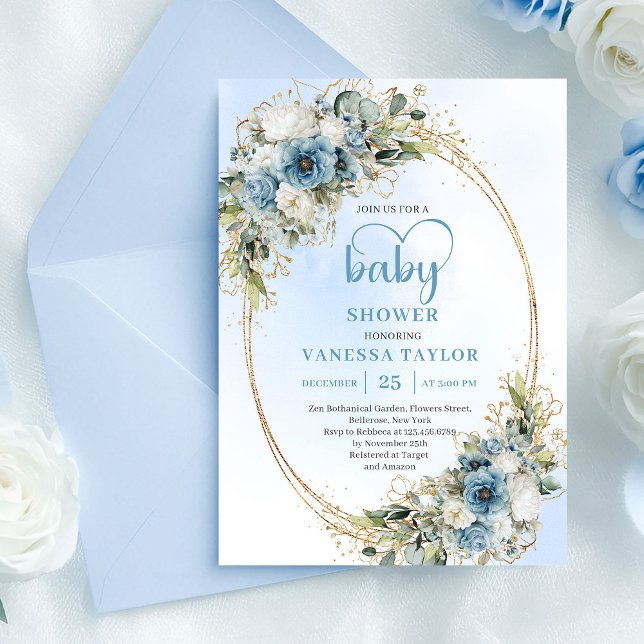 Convites Chuva de Bebê Floral Azul Pastel Boêmio  (Bohemian Pastel Blue Floral Greenery Baby Shower Invite)